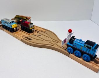 Wooden Railway 3-Way Split Track with Bumpers, Compatible with Thomas, Brio, and IKEA