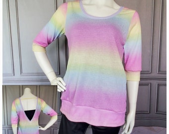 Womens Pastel Rainbow Ombre Top, Womens Clothing, Woman Shirt, Womens 3/4 Sleeve Shirt, Deep V Back, Open Back Sweater, Spring Sweater