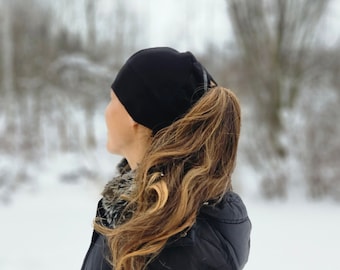 Ponytail Hat - Running Hat - Womens Hat - Workout Hat - Black on Black - Running Beanie - Knit Hat - Fitted Hat - Ponytail Hole