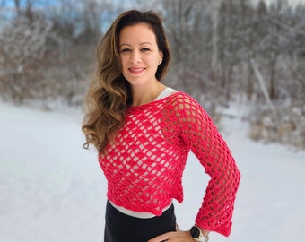 Handmade Crochet Crop Sweater, Bright Pink Lace Crochet Woman's Top, Bright Boho Sweater, Small Handmade Sweater