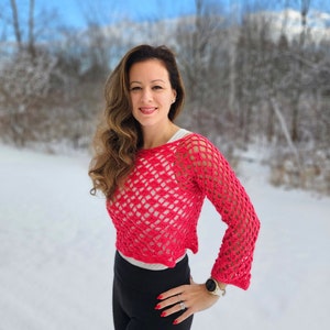 Handmade Crochet Crop Sweater, Bright Pink Lace Crochet Woman&#39;s Top, Bright Boho Sweater, Small Handmade Sweater. Crop Top