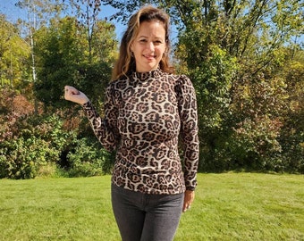 Womans Leopard Top, Long-sleeve top, Puffy sleeve top, Leopard Print, Sweater Knit Top