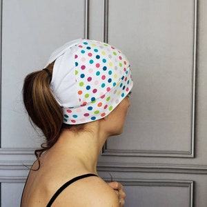 Polka Dot Ponytail Hat, Pony Hat, Multi-Color Polka Dot Beanie, Running Hat, Workout Hat, Running Beanie, Knit Hat, Fitted Hat, Ponytail image 4
