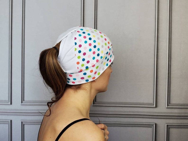 Polka Dot Ponytail Hat, Pony Hat, Multi-Color Polka Dot Beanie, Running Hat, Workout Hat, Running Beanie, Knit Hat, Fitted Hat, Ponytail image 4