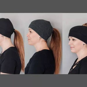 Ponytail Hat Running Hat Womens Hat Workout Hat Black on Black Running Beanie Knit Hat Fitted Hat Ponytail Hole image 8