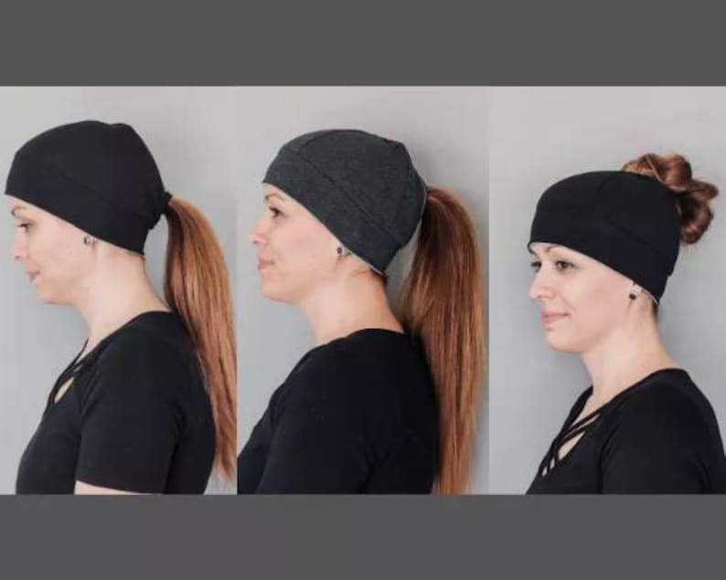 Ponytail Hat Running Hat Womens Hat Workout Hat Black on Black Running Beanie Knit Hat Fitted Hat Ponytail Hole image 8