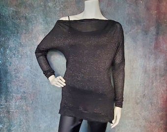Black and Silver Off the Shoulder Woman's Sweater, Lightweight Black Sweater, Long Sleeve Sweater, Black Sweater, Swim Coverup