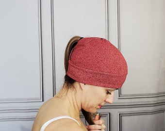 Ponytail Hat - Running Hat - Womens Hat - Workout Hat - Red Running Hat - Running Beanie - Red Denim - Knit Hat - Fitted Hat - Ponytail Hole