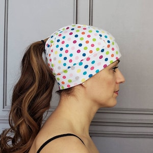 Polka Dot Ponytail Hat, Pony Hat, Multi-Color Polka Dot Beanie, Running Hat, Workout Hat, Running Beanie, Knit Hat, Fitted Hat, Ponytail image 1