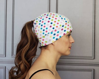 Polka Dot Ponytail Hat, Pony Hat, Multi-Color Polka Dot Beanie, Running Hat, Workout Hat, Running Beanie, Knit Hat, Fitted Hat, Ponytail