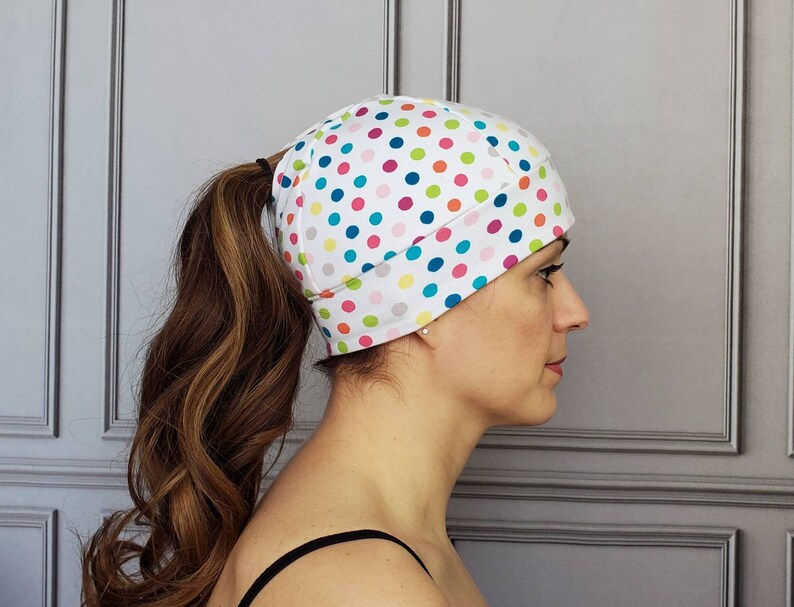 Polka Dot Ponytail Hat, Pony Hat, Multi-Color Polka Dot Beanie, Running Hat, Workout Hat, Running Beanie, Knit Hat, Fitted Hat, Ponytail image 1