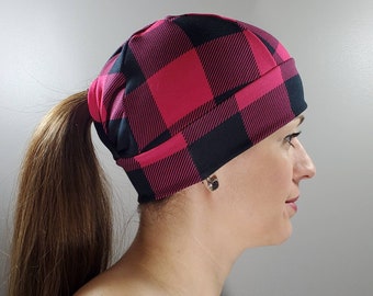 Ponytail Hat - Running Hat - Womens Hat - Workout Hat - Bright Pink Check - Running Beanie - Knit Hat - Fitted Hat - Ponytail Hole