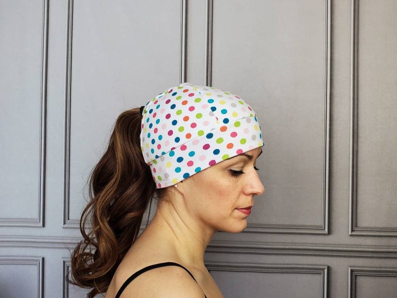 Polka Dot Ponytail Hat, Pony Hat, Multi-Color Polka Dot Beanie, Running Hat, Workout Hat, Running Beanie, Knit Hat, Fitted Hat, Ponytail image 9