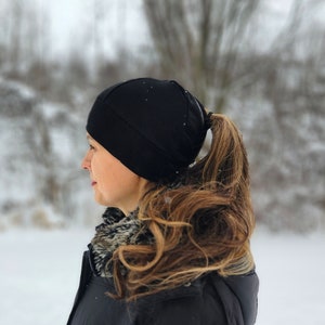 Ponytail Hat Running Hat Womens Hat Workout Hat Black on Black Running Beanie Knit Hat Fitted Hat Ponytail Hole image 2