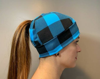 Ponytail Hat - Running Hat - Womens Hat - Workout Hat - Blue Running Hat - Running Beanie - Plaid - Knit Hat - Fitted Hat - Ponytail Hole