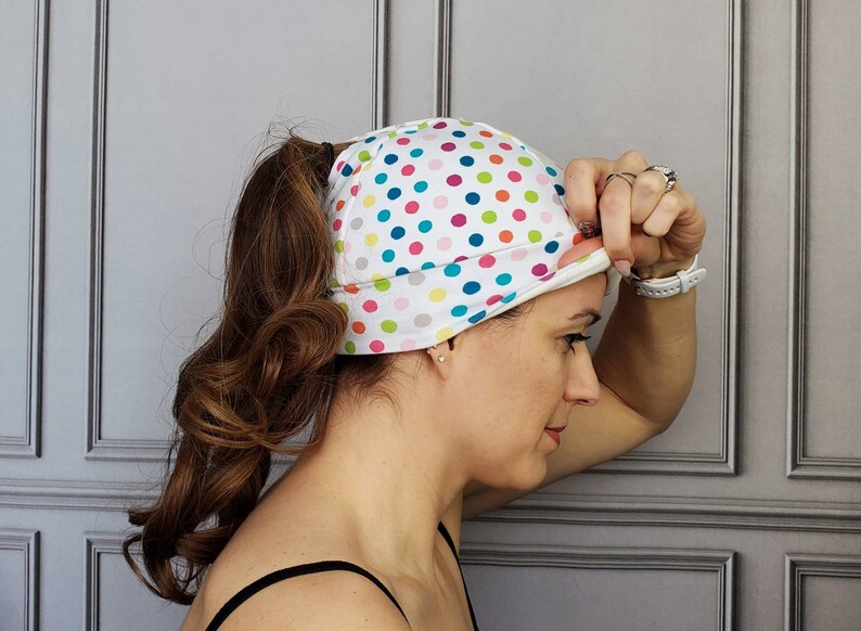 Polka Dot Ponytail Hat, Pony Hat, Multi-Color Polka Dot Beanie, Running Hat, Workout Hat, Running Beanie, Knit Hat, Fitted Hat, Ponytail image 7