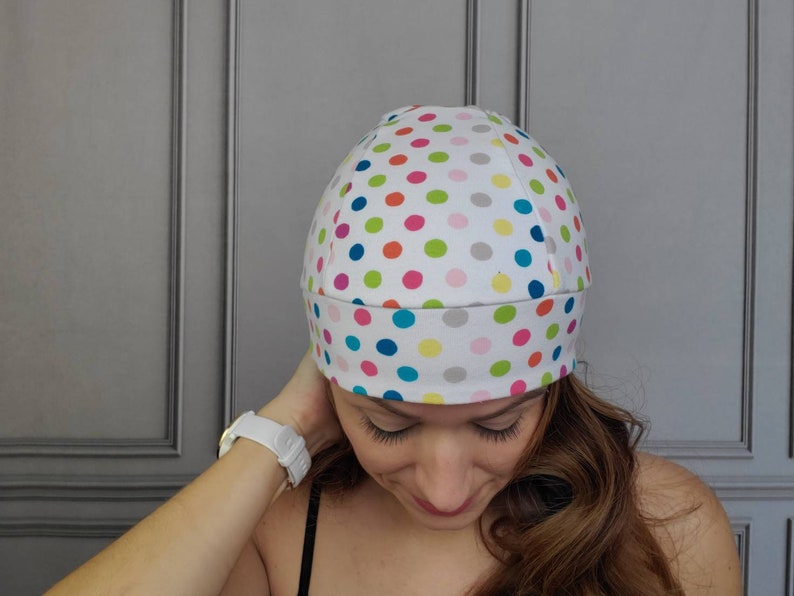 Polka Dot Ponytail Hat, Pony Hat, Multi-Color Polka Dot Beanie, Running Hat, Workout Hat, Running Beanie, Knit Hat, Fitted Hat, Ponytail image 3