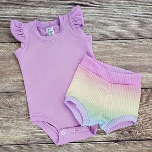 Baby Girl Bummies Outfit, Bummies, Rainbow Bummies, Rainbow Ombre Bummies, Baby Tank Top Onesie, Baby Flutter Sleeve, Summer Baby Outfit