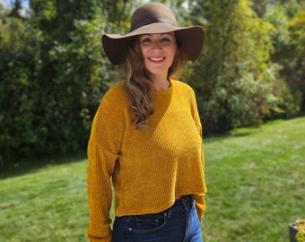 Chenille Mustard Crop Sweater, Womens Crop Top, Fall Sweater, Long Sleeve Shirt, Womens Sweater, Misses Sweater, Trendy Handmade Sweater