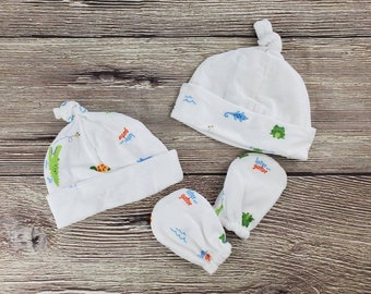 Baby Hat and Mitten Set - Gender Neutral Baby Shower Gift - Alligator Baby Hat - Turtle Baby Hat - Frog Baby Hat - Baby Knot Hat - Newborn