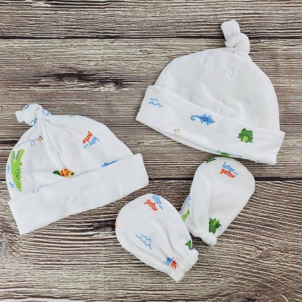 Baby Hat and Mitten Set - Gender Neutral Baby Shower Gift - Alligator Baby Hat - Turtle Baby Hat - Frog Baby Hat - Baby Knot Hat - Newborn