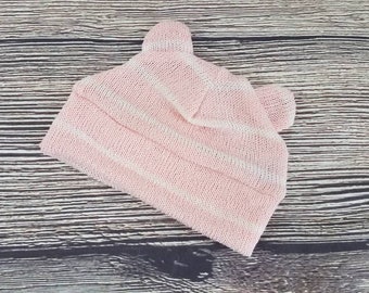 Baby Girl Hat, Bear Ears Hat, Striped Baby Beanie, Baby Bear Hat, Baby Knit Hat, Newborn Hat,  Pink and White Stripe Hat, Soft Baby Cap