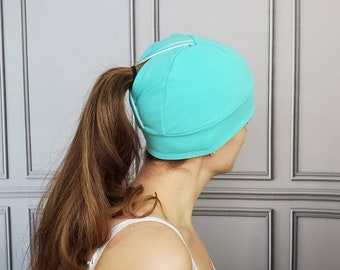 Mint Ponytail Hat, Pony Hat, Green Beanie, Aqua Running Hat, Womans Hat, Workout Hat, Running Beanie, Knit Hat, Fitted Hat , Ponytail Hole