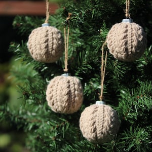 Set of Tan Crochet Christmas Ornaments, Handmade Rustic Holiday Decor, Christmas Tree Globe Ornament, Seasonal Cozy Home Decoration