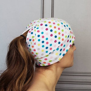 Polka Dot Ponytail Hat, Pony Hat, Multi-Color Polka Dot Beanie, Running Hat, Workout Hat, Running Beanie, Knit Hat, Fitted Hat, Ponytail image 2