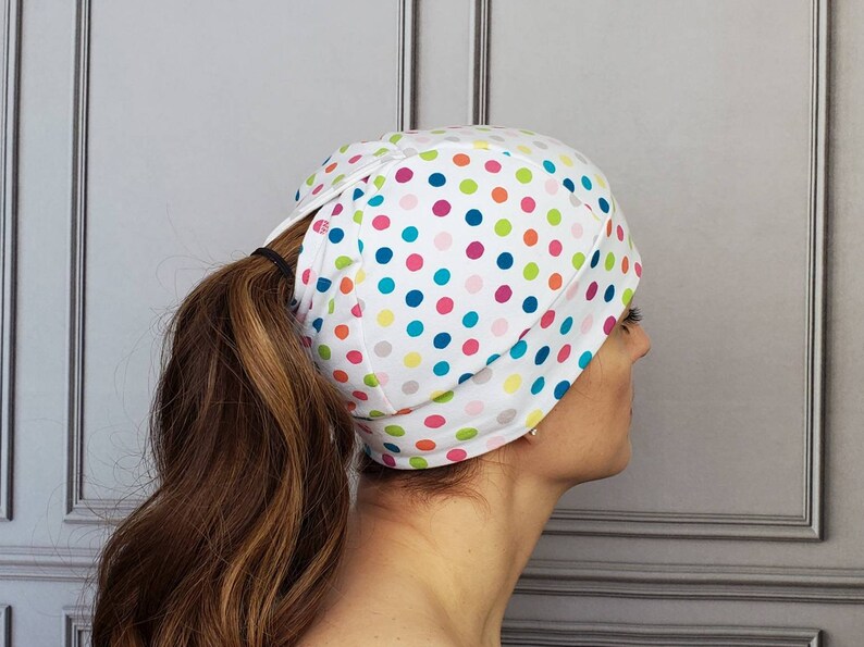 Polka Dot Ponytail Hat, Pony Hat, Multi-Color Polka Dot Beanie, Running Hat, Workout Hat, Running Beanie, Knit Hat, Fitted Hat, Ponytail image 2
