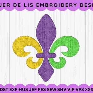 Puede incluir: Dise&ntilde;o bordado de una flor de lis en morado, verde y amarillo. DST EXP HUS JEF PES SEW SHV VIP VP3 XXX