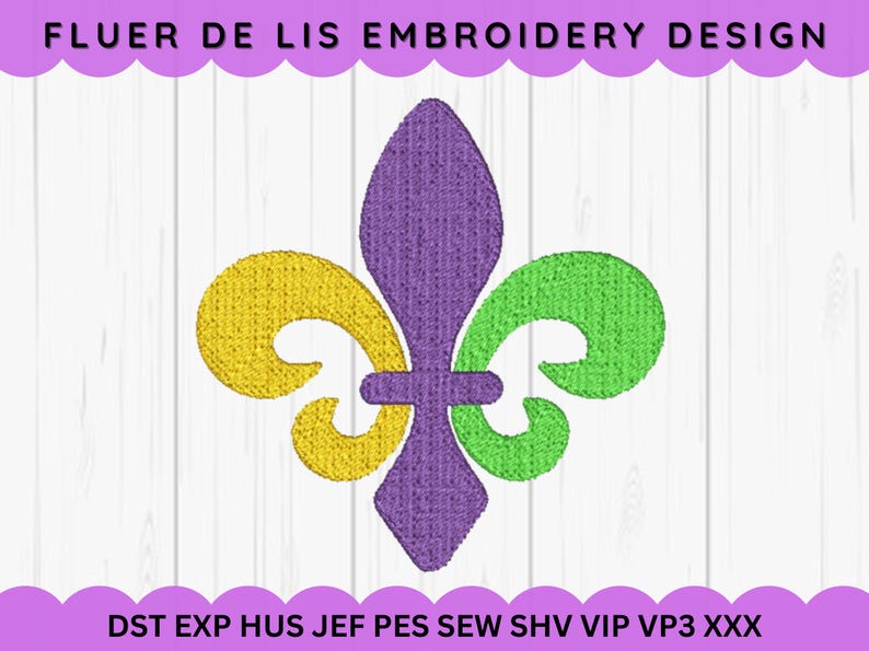 Puede incluir: Dise&ntilde;o bordado de una flor de lis en morado, verde y amarillo. DST EXP HUS JEF PES SEW SHV VIP VP3 XXX
