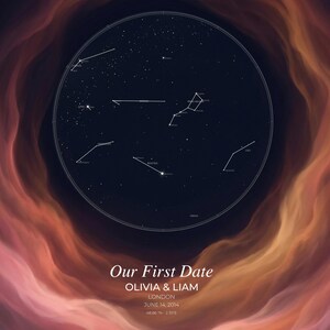 May include: A personalized star map print featuring a circular depiction of constellations against a dark blue background. The print includes the text "Our First Date" with names, location, and date. The surrounding area has a colorful, nebula-like design.