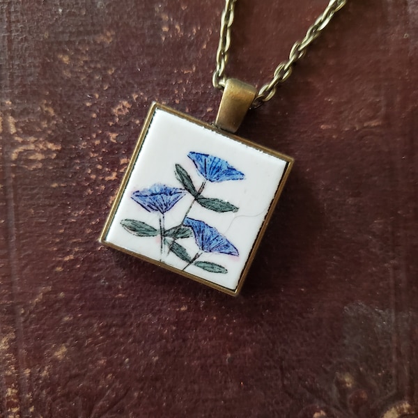 Scrimshaw Necklace Intricate Blue Flowers Great Gift Idea