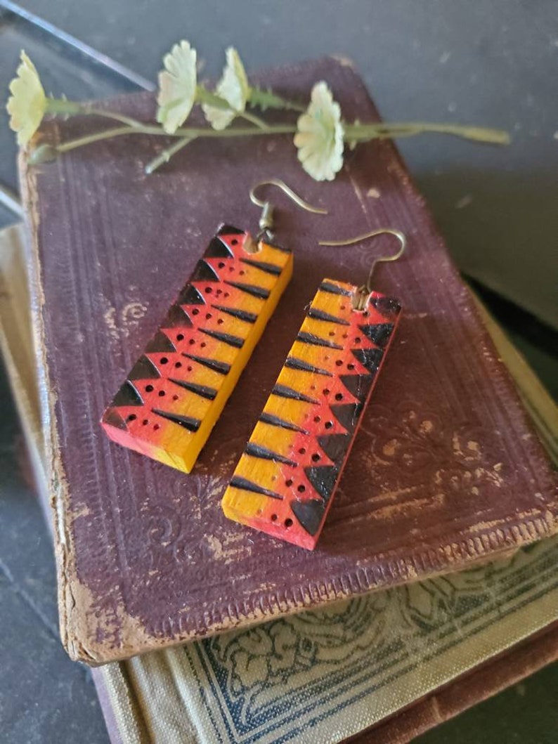 Colorful Burnt Wood Earring Set Yellow Orange Red and Design