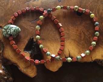 Jasper and olivine stacking bracelet set - carved green jasper stone bear bracelet  - brown and green - stretch - jewelry set - rustic boho