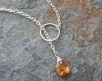 Peach crystal lariat necklace - simple dainty necklace - modern peach and silver crystal necklace - crystal teardrop necklace - minimalist