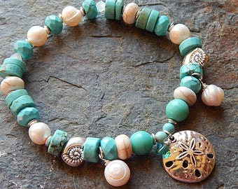 Under the sea bracelet - freshwater pearl seashell bracelet - sand dollar - nautilus shell - turquoise stacking bracelet - mermaidcore