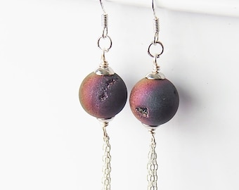 Titanium Druzy Sterling Silver Chain Earrings - Rainbow Pixie Dust