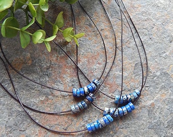 Modern stone necklace - metal free - unisex - stone and leather - Imperial jasper - royal blue stone - rustic jewelry - boho - allergy free