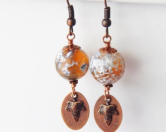 Boho leaf earrings - leafy drop earrings - faceted agate and copper leaves - earthy - rustic - woodland - inspired by nature - indie - boho