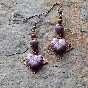 Boho leaf earrings - lavender drop earrings - little czech glass maple leaves - dangle earrings - woodland jewelry - inspired by nature