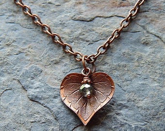 Delicate copper leaf necklace - etched leaf - woodland jewelry - copper and pale green crystal necklace - sweet - darling - gift for her