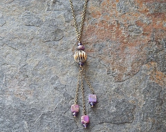 Stone tassel pendant necklace - Purple Imperial jasper handmade chain tassel - boho style lavender stone necklace - polished square stones