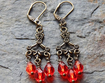 Pendientes de araña de cristal rojo - pendientes colgantes de latón - pendientes gitanos - pendientes rojos elegantes - joyería boho - boho - pendientes de diosa