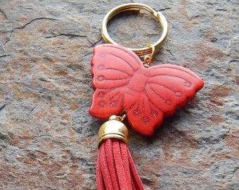 Butterfly tassel key chain - colorful stone butterfly tassle purse charm - rearview mirror charm - zipper pull - pretty purse charm