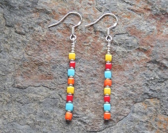 Colorful glass cube earrings - modern slender dangle earrings - red orange yellow - colorful little dangle earrings - 2 inch earrings