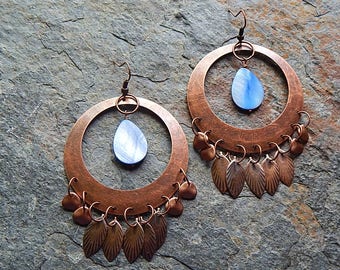 Big copper chandelier earrings - rustic antiqued copper and blue mother of pearl statement earrings - tropical inspired mermaid jewelry