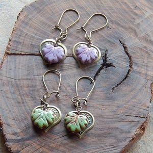 Boho leaf earrings - leafy drop earrings - little czech glass and brass leaves - dangle earrings - woodland jewelry - inspired by nature