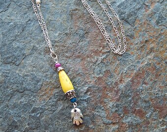 Hamsa necklace - colorful evil eye necklace - everyday jewelry - protection charm - hand of fatima - good karma - boho - festival necklace